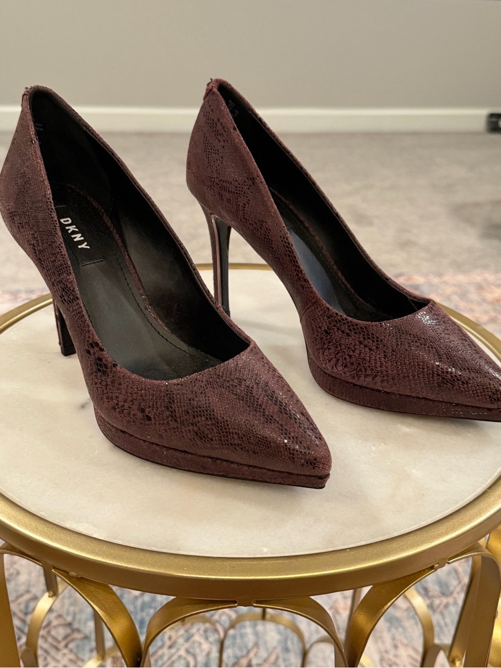 DKNY Dark Brown Snakeskin Pointed Toe Stiletto Pumps